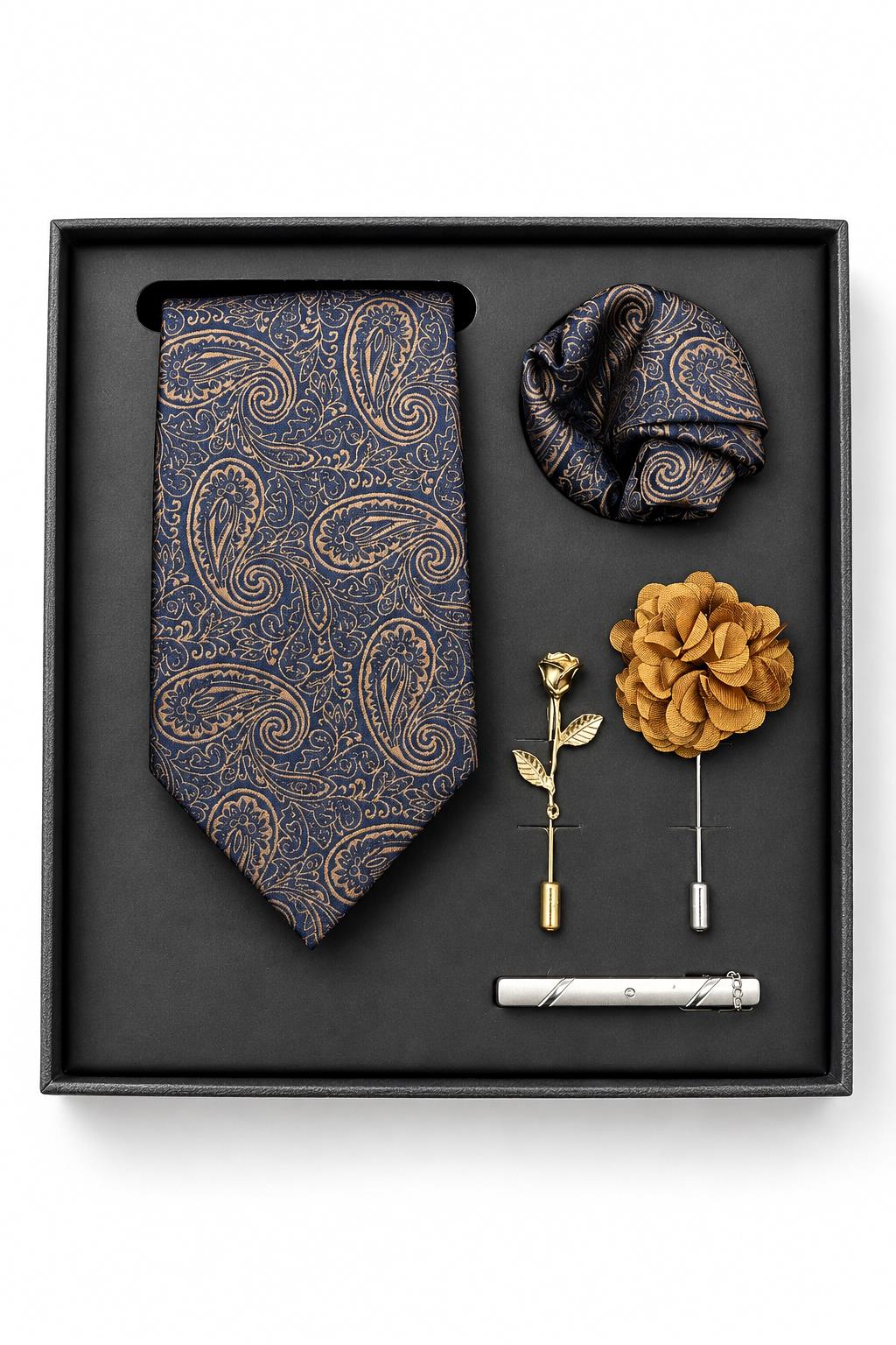 Men’s Navy Blue & Gold Paisley 5-Piece Tie Gift Set