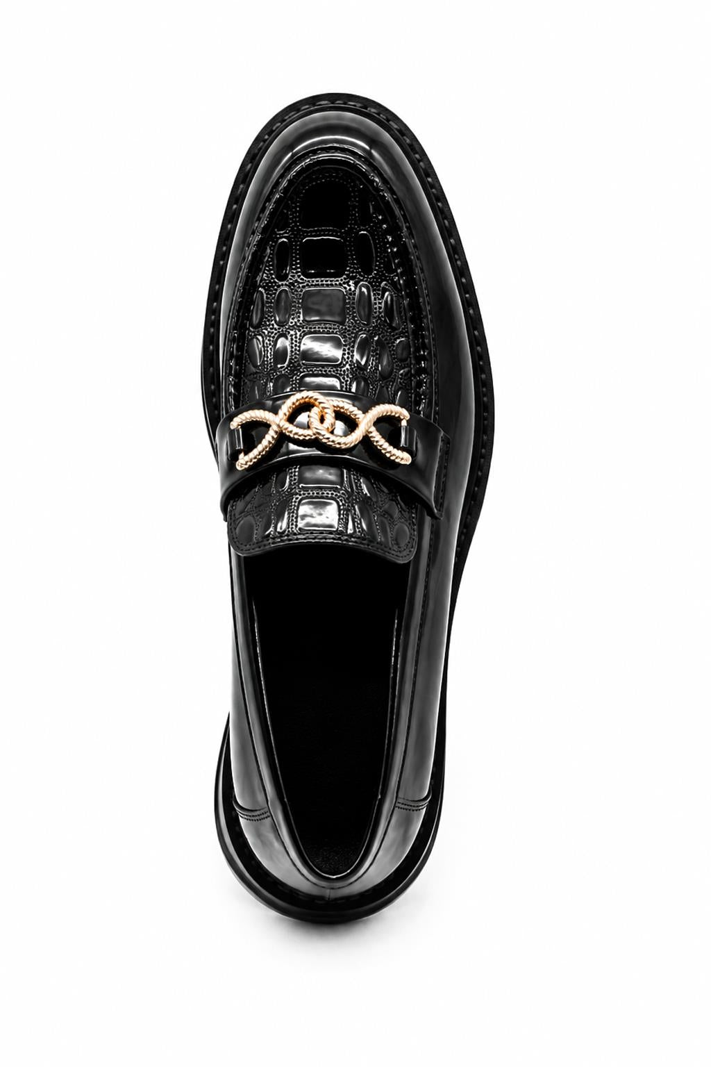 Men's Black Patent Slip-On Loafers Gold Buckle & Chunky Sole