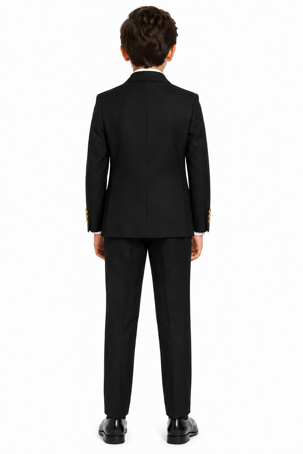 Boys Black Double Breasted 2 Piece Suit with Gold Buttons & Lapel Pin