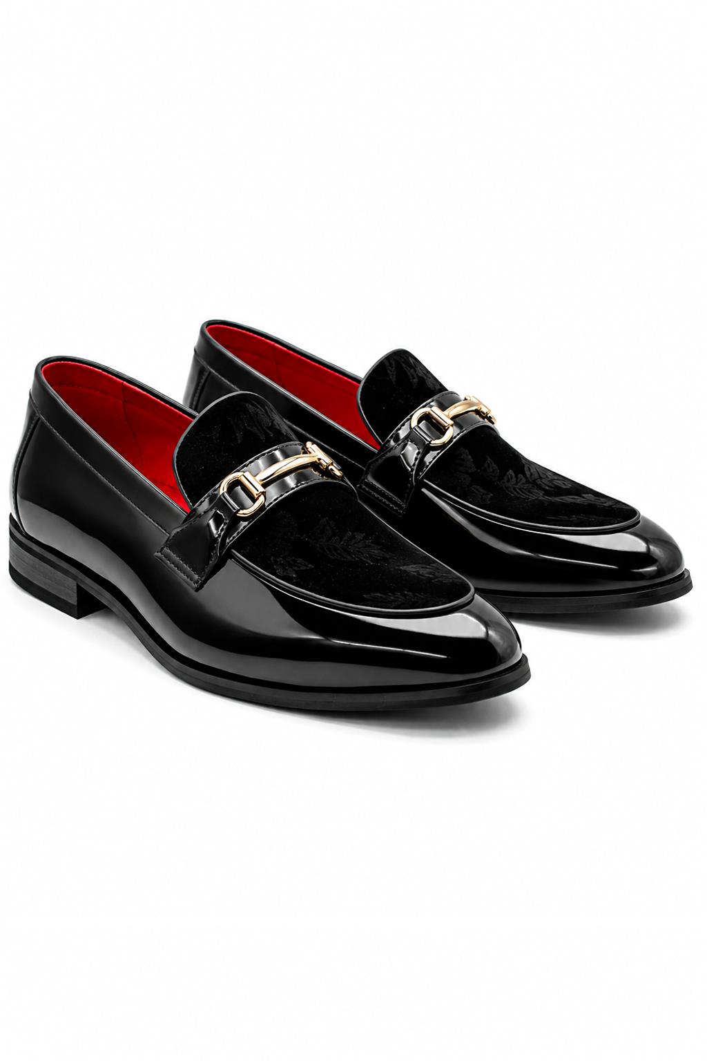 Men's Black Floral Velvet Patent Snaffle Dress Loafers