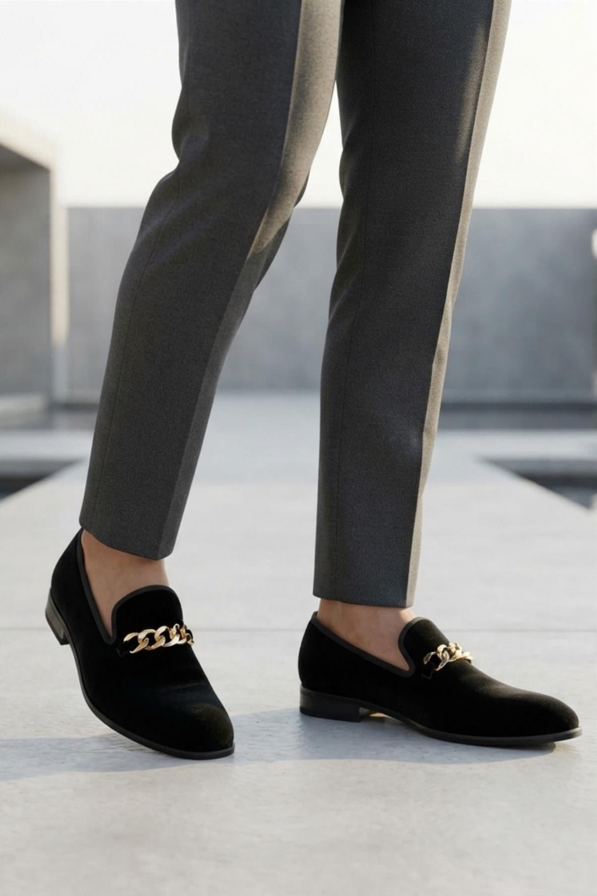 Men's Black Smooth Velvet Gold Chain Dress Loafers