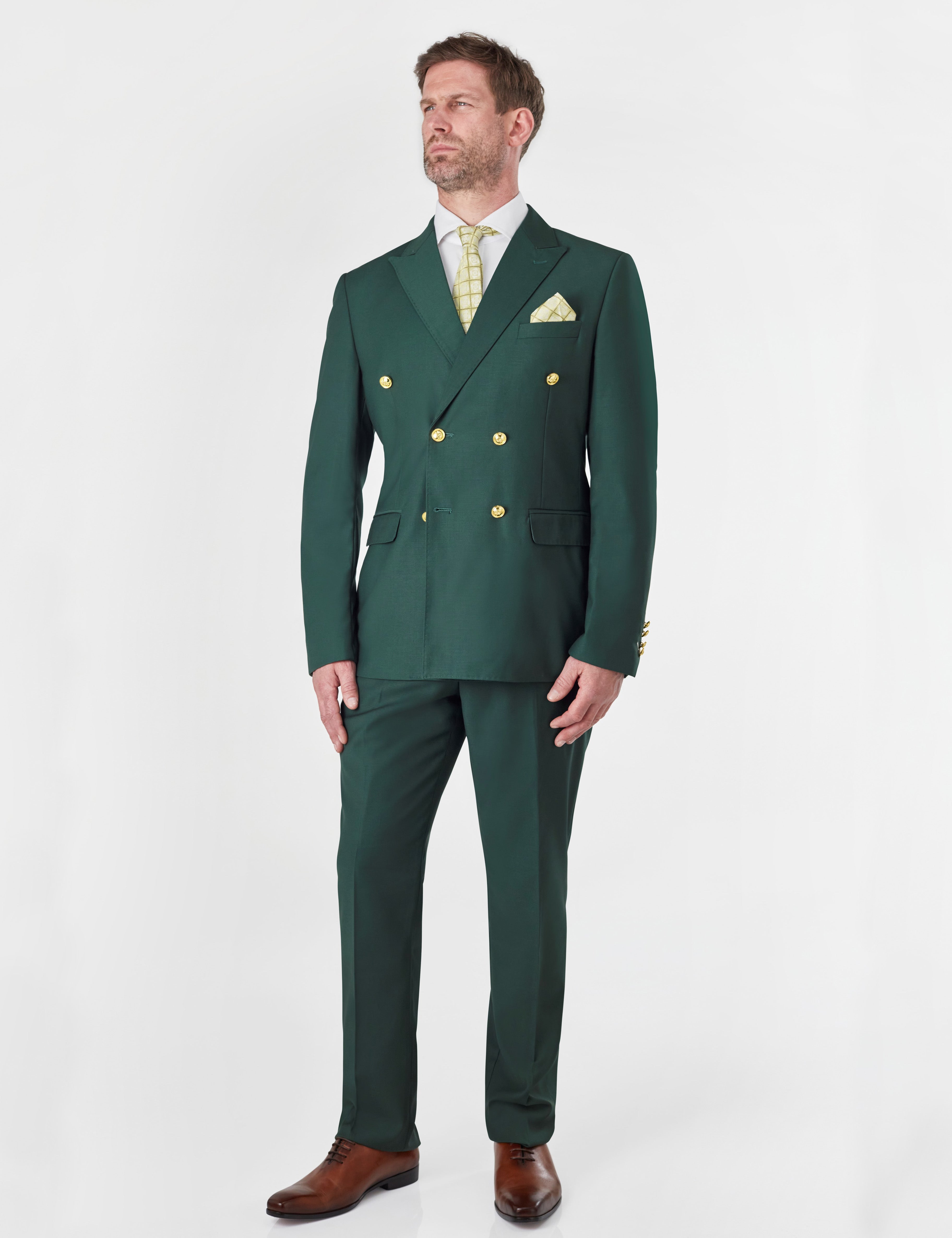 GRÜNE ZWEIREIHIGE JACKE MIT GOLDKNOPF