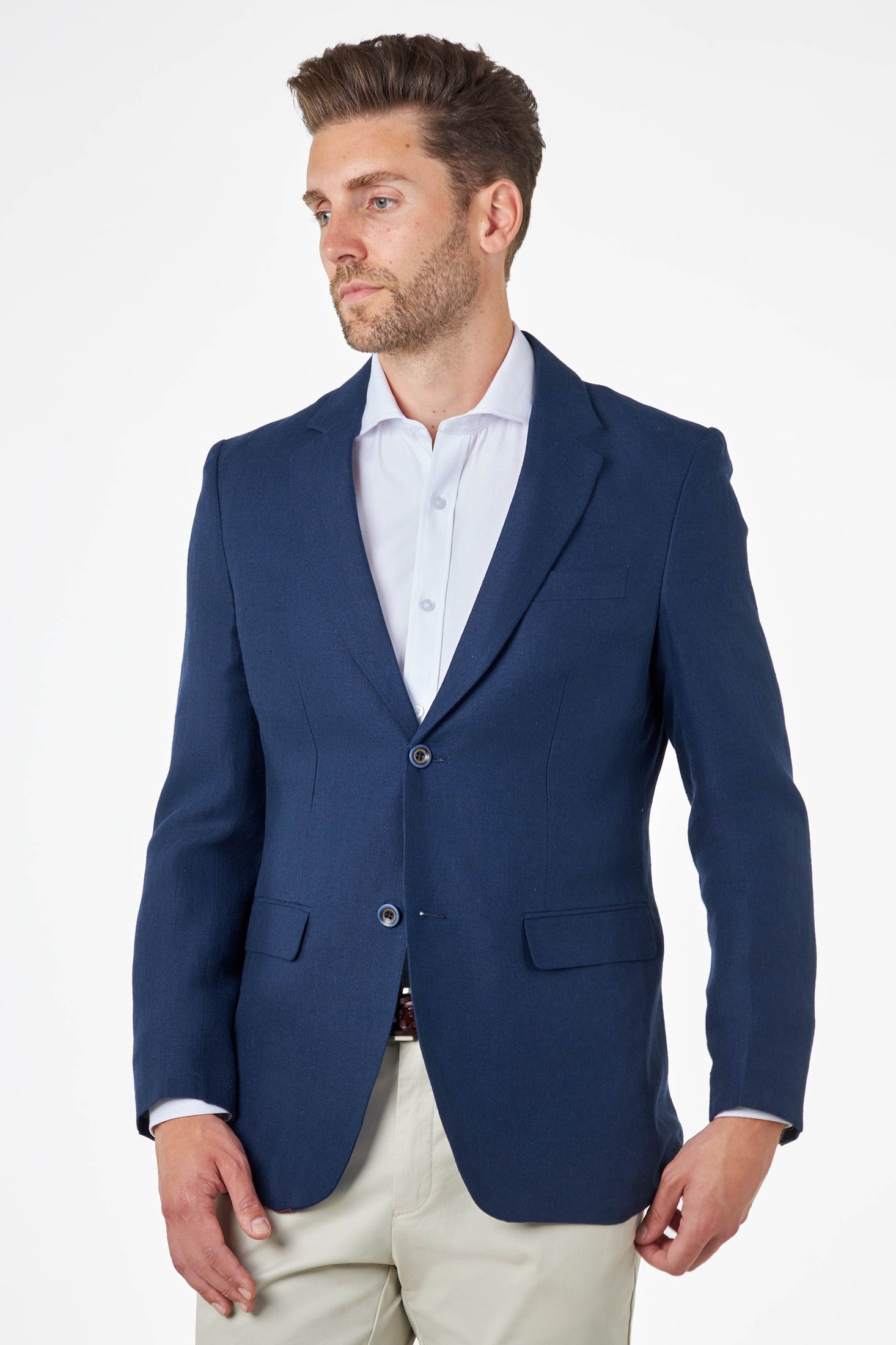 RAY - Tailored Fit Navy Herringbone Linen Suit Jacket