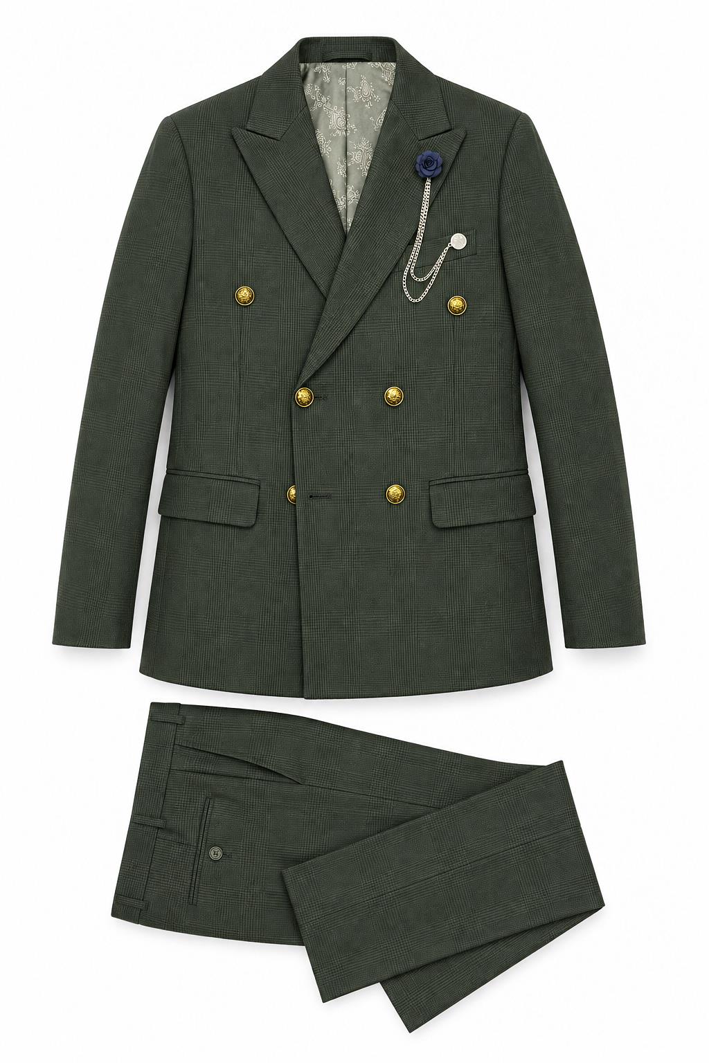 Boys Finley Olive Green Check Double Breasted 2 Piece Suit with Gold Buttons