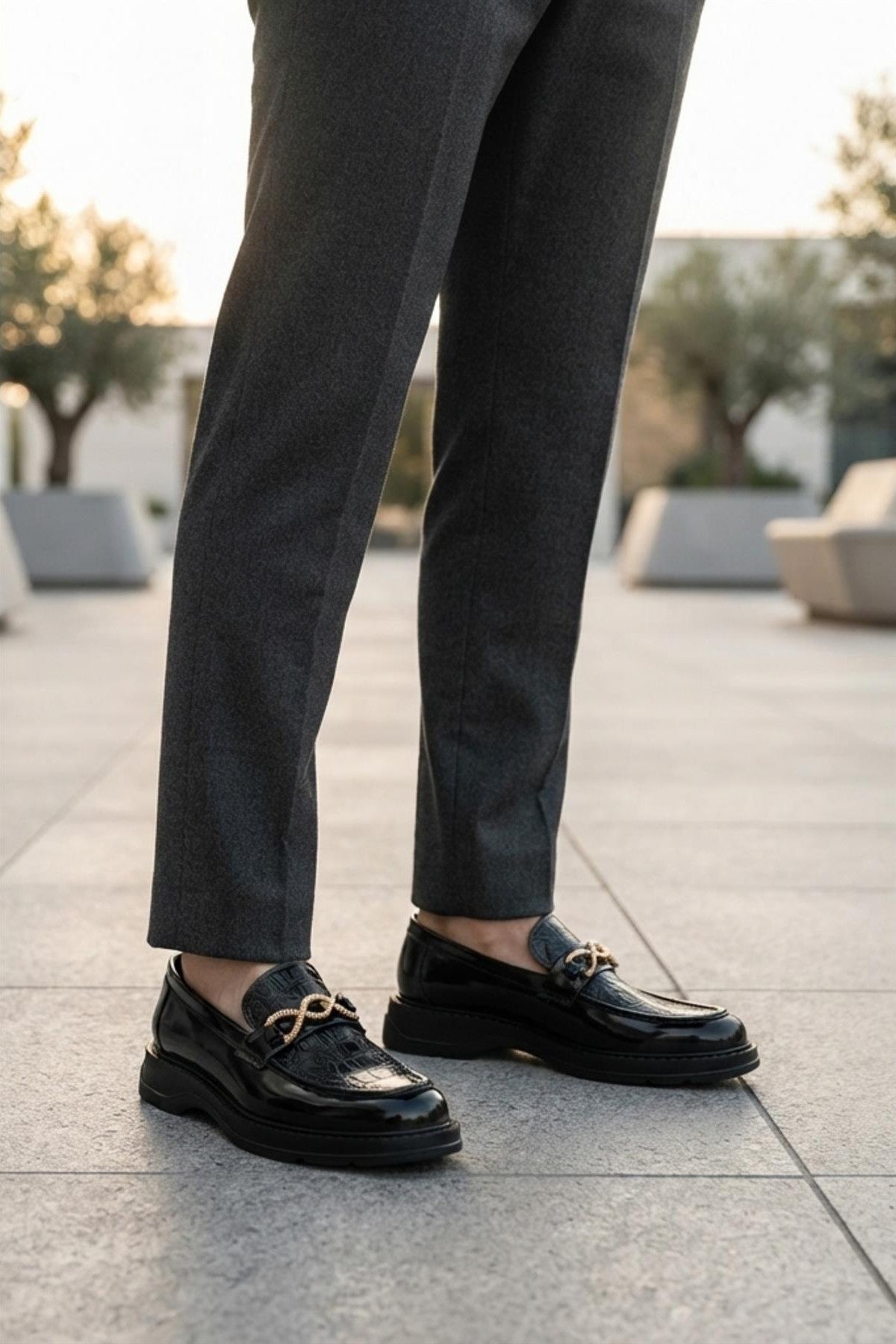 Men's Black Patent Slip-On Loafers Gold Buckle & Chunky Sole