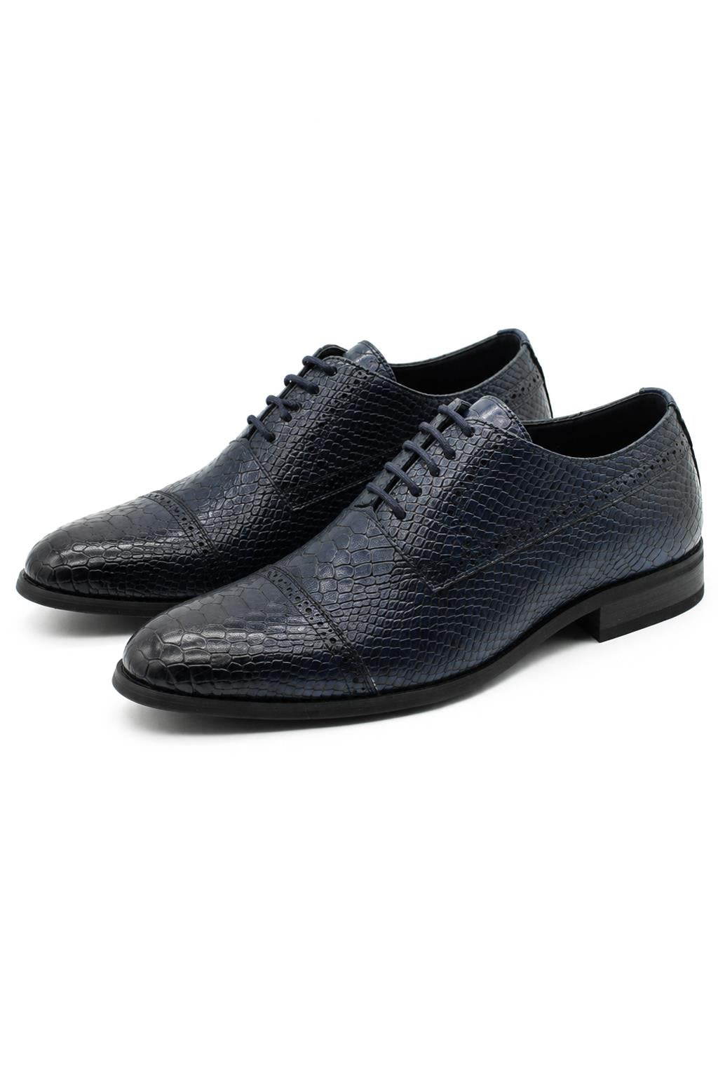 Men's Navy Embossed Faux Leather Lace up Derby Shoes
