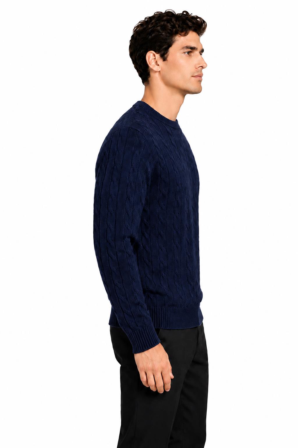 Men's Navy 100% Cotton Fine Cable Knit Crew Neck Jumper