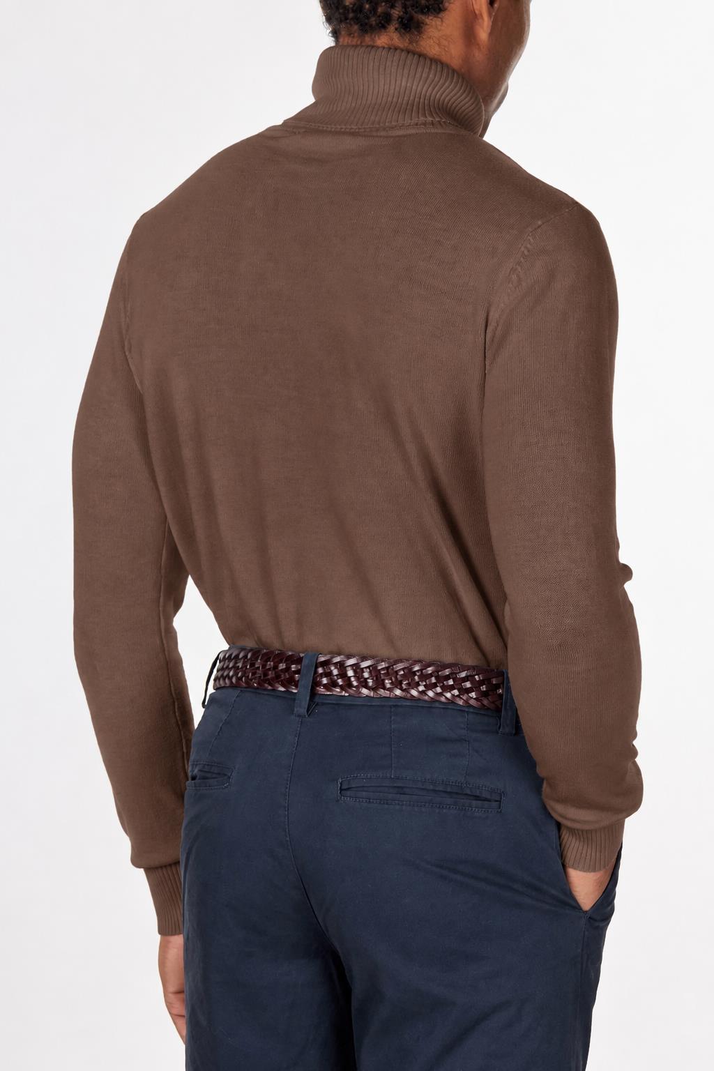 Men's Mocha 100% Cotton Fine Knit Roll Neck Jumper