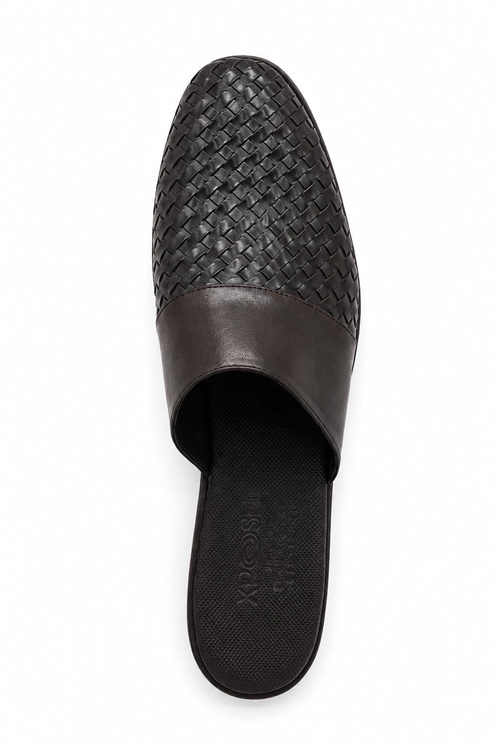 FINO Men’s Coffee Brown Woven Leather Mule Slippers