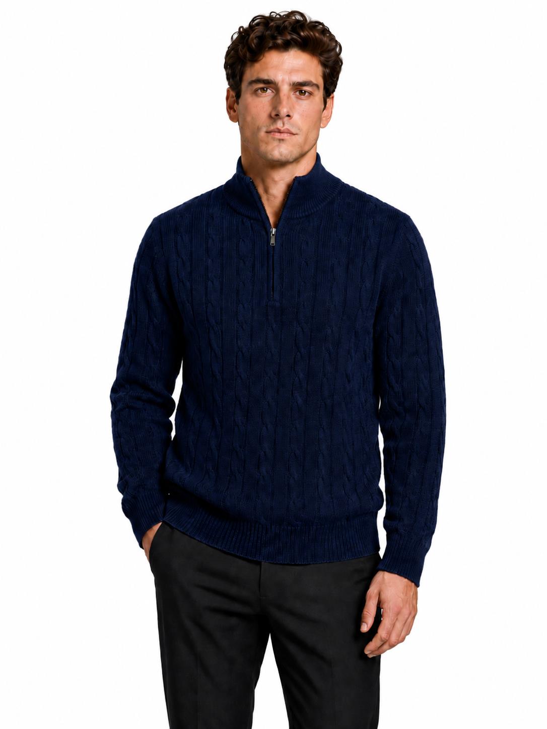 Men's Navy Blue 100% Cotton Fine Cable Knit Quarter Zip Neck Jumper