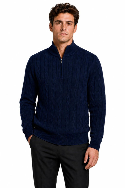 Men's Navy Blue 100% Cotton Fine Cable Knit Quarter Zip Neck Jumper
