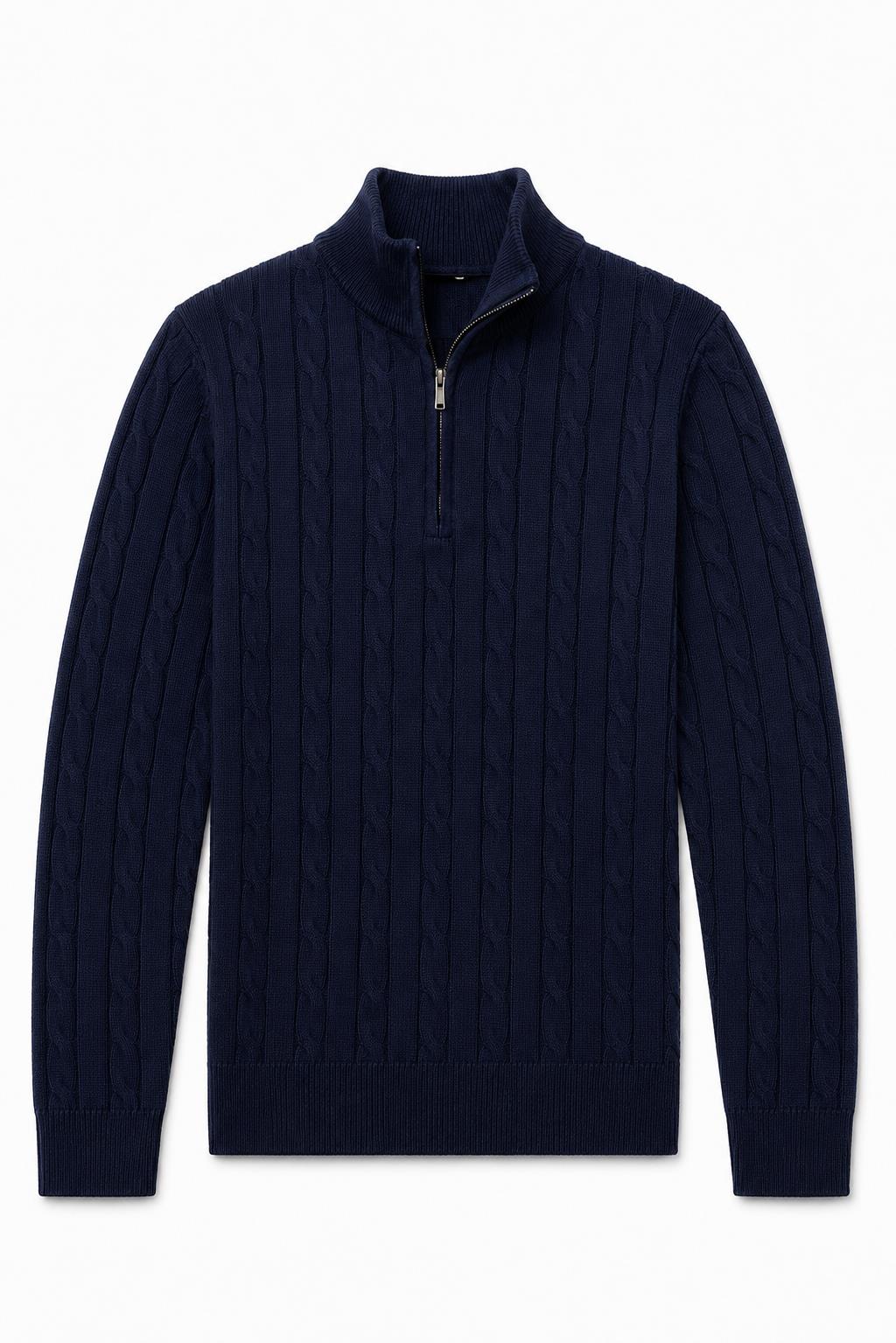Men's Navy Blue 100% Cotton Fine Cable Knit Quarter Zip Neck Jumper
