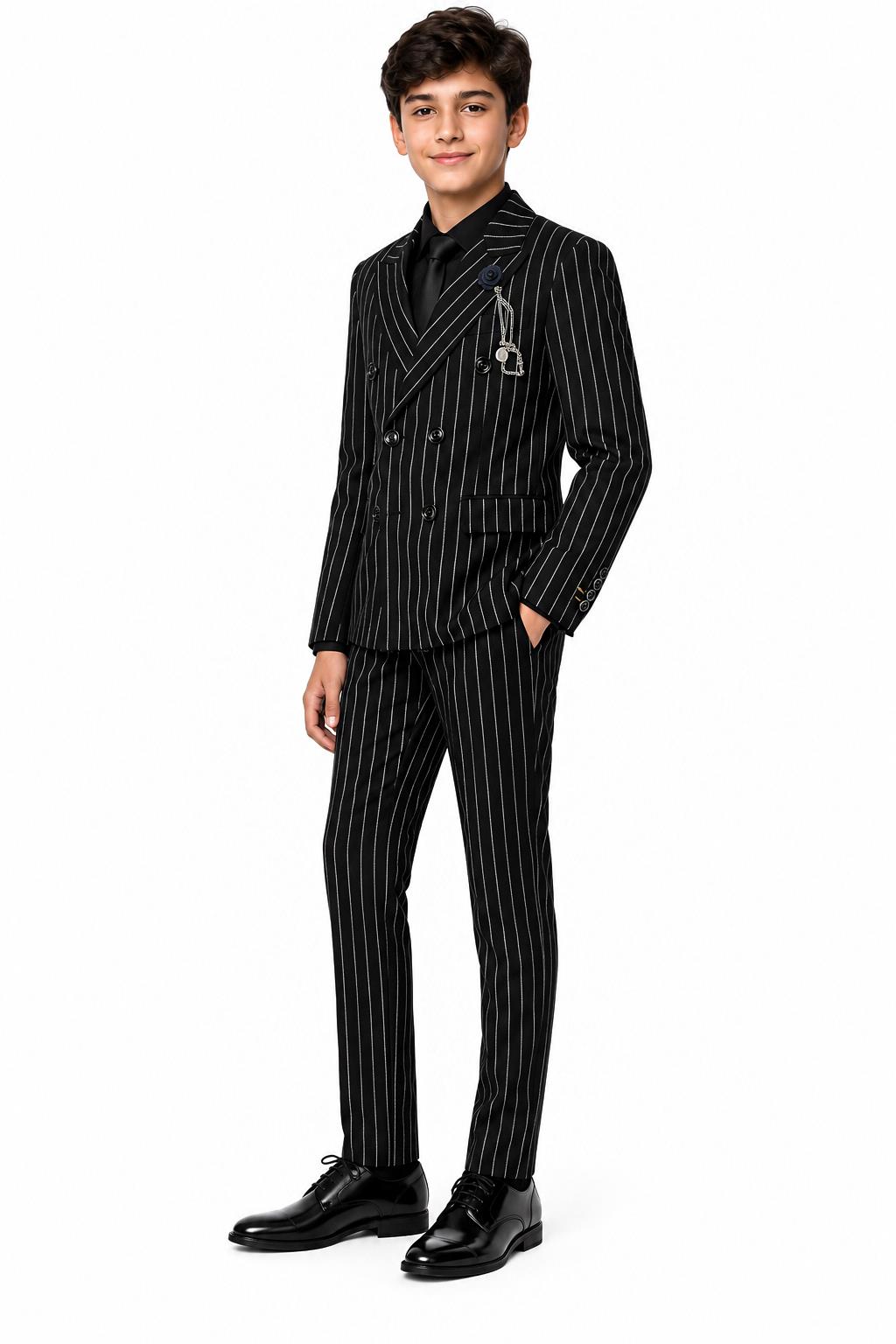 Boys Alfred Black & White Pinstripe Double Breasted 2 Piece Suit with Lapel Pin