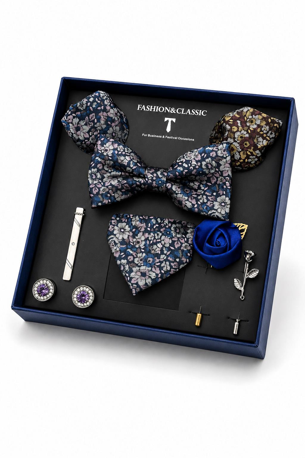 Men's Blue Floral 8 Piece Tie & Bow Tie Wedding Gift Set