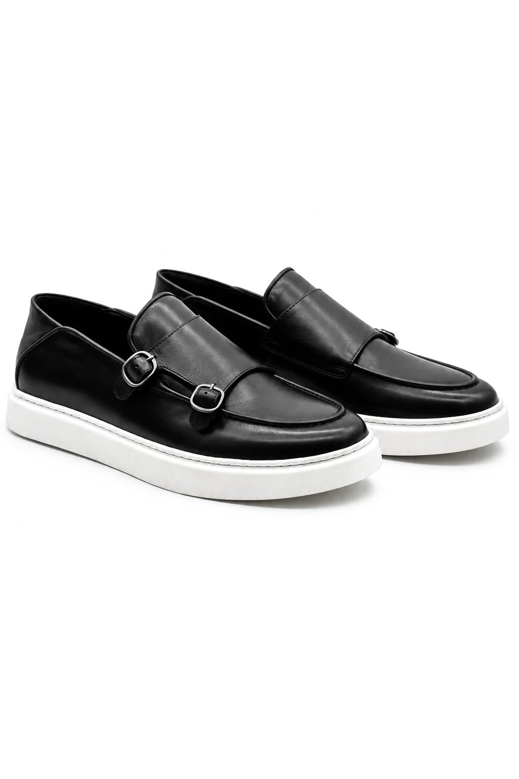 Men's Black Real Leather Double Monk Strap Trainers White Sole