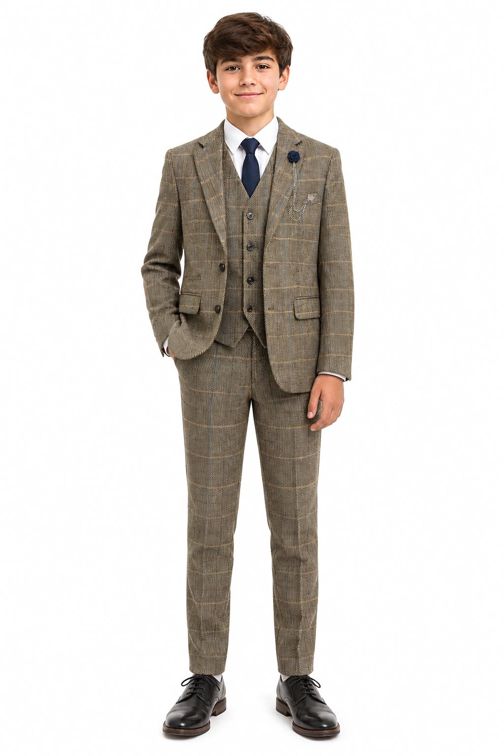 Boys Tan Brown Tweed Check 3 Piece Suit with Lapel Pin