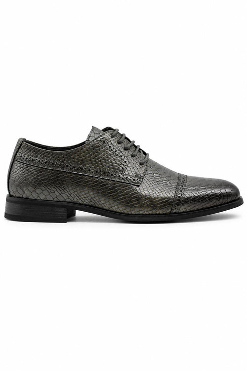Men's Grey Embossed Faux Leather Lace up Derby Shoes