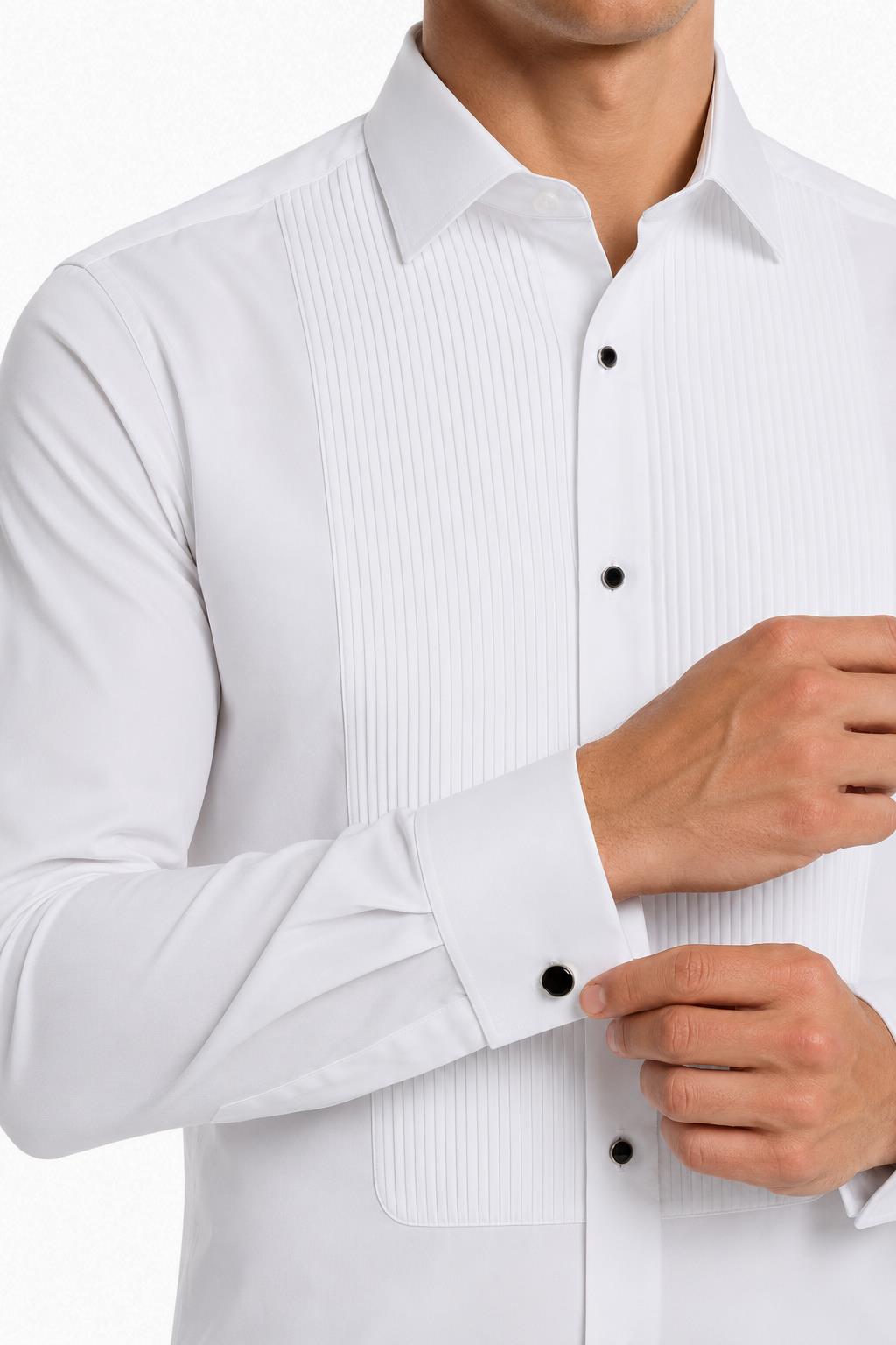 Men's White Pleated Front Tuxedo Shirt with Black Buttons & Pocket Square