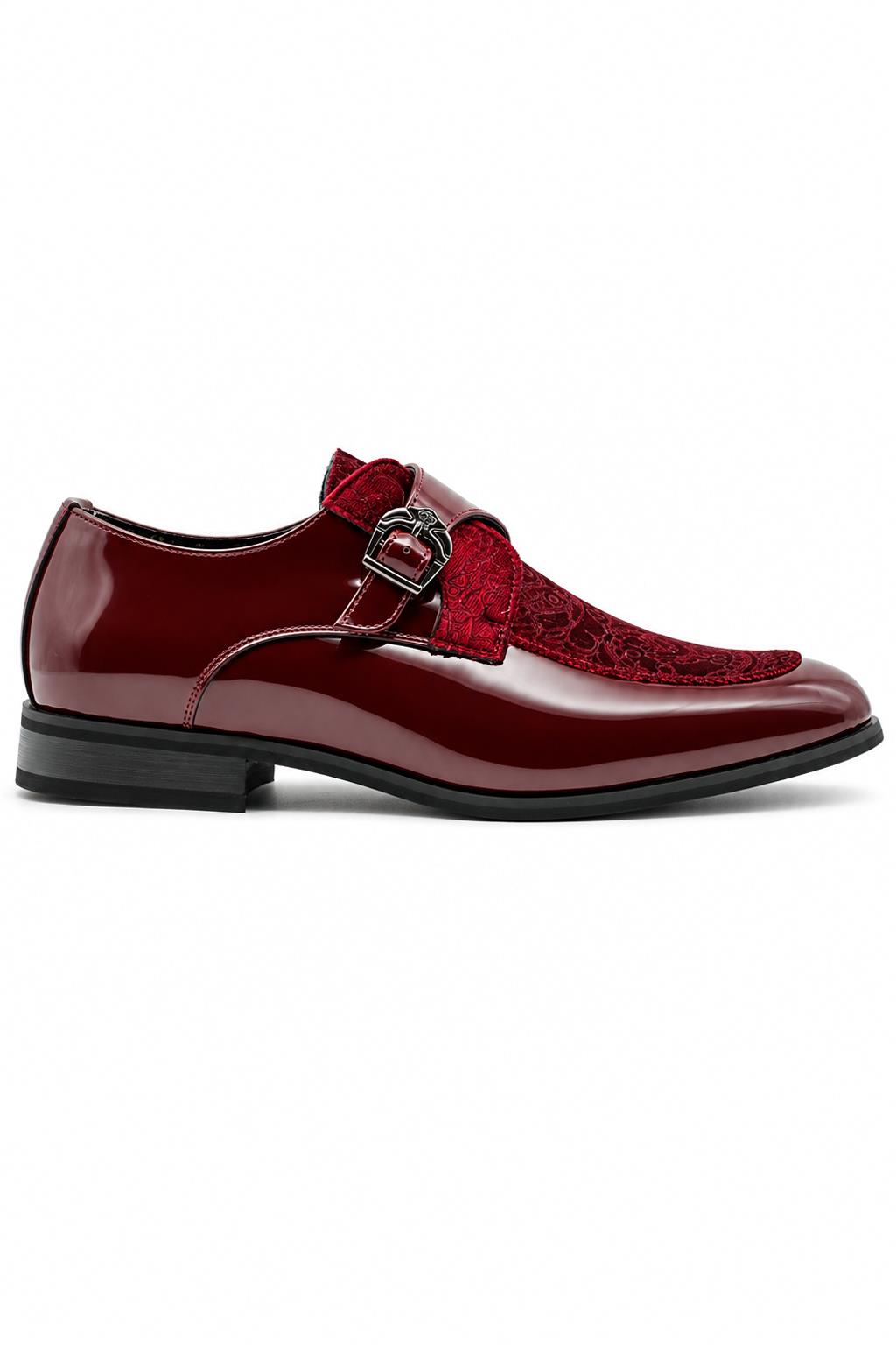 Men's Maroon Floral Velvet Monk Strap Dress Shoes