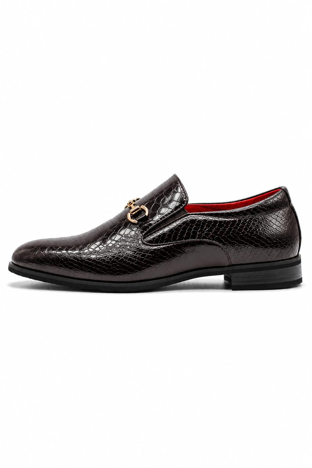 Men's Brown Patent Slip-On Loafers with Gold Snaffle Buckle