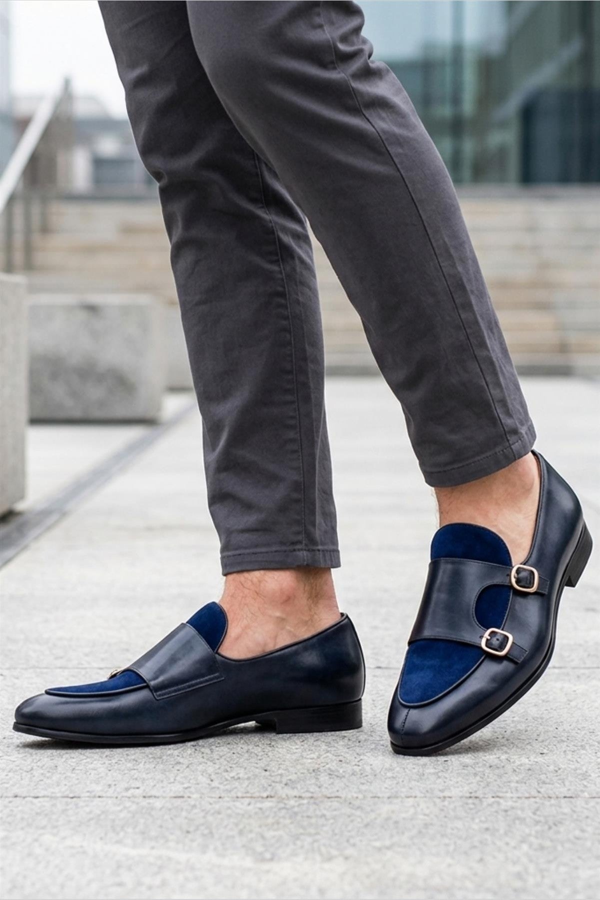 SOREN Men’s Navy Blue Leather & Suede Double Monk Shoes