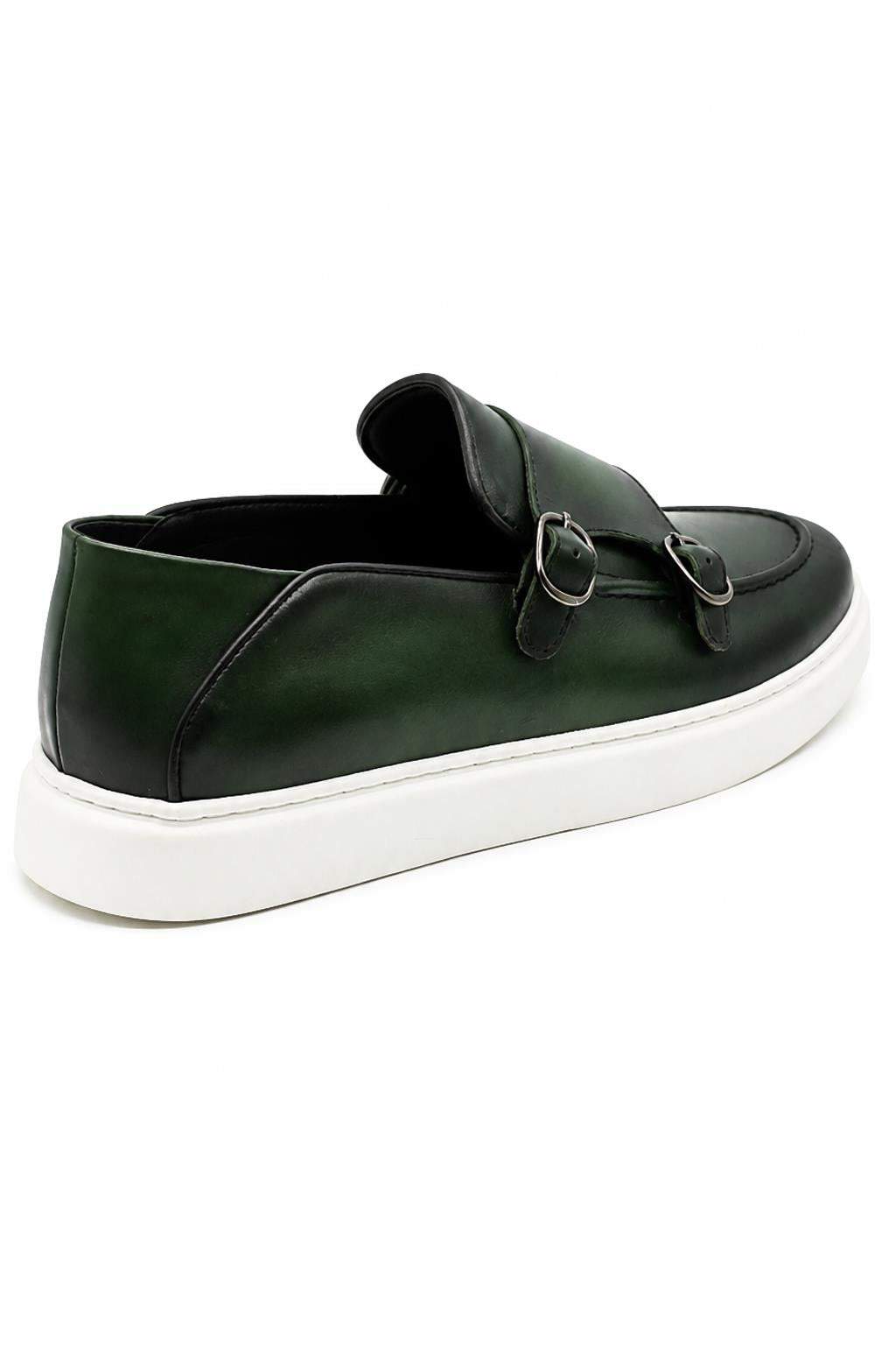 Men's Green Real Leather Monk Strap Trainers with White Sole