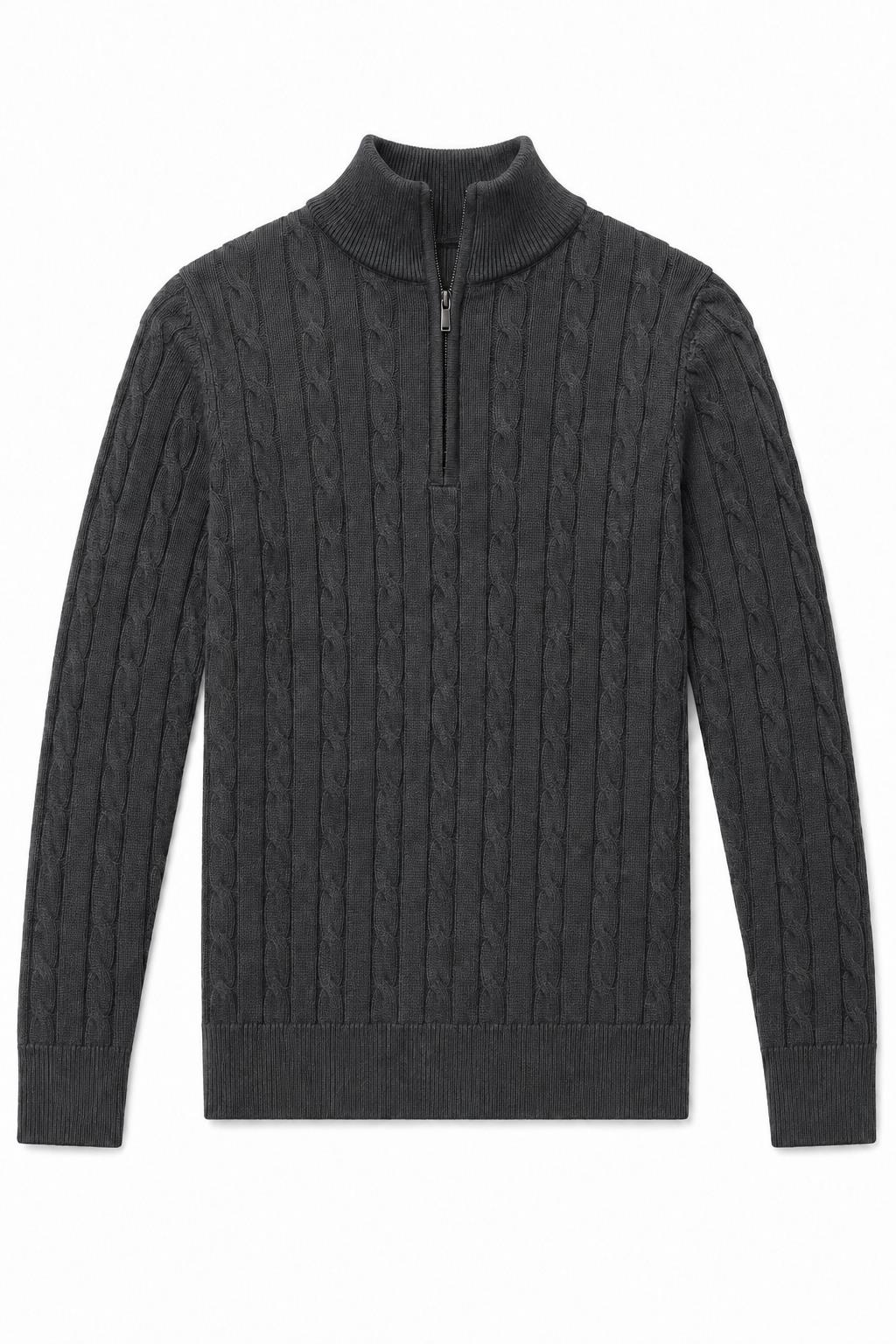Men's Charcoal Grey 100% Cotton Fine Cable Knit Quarter Zip Neck Jumper
