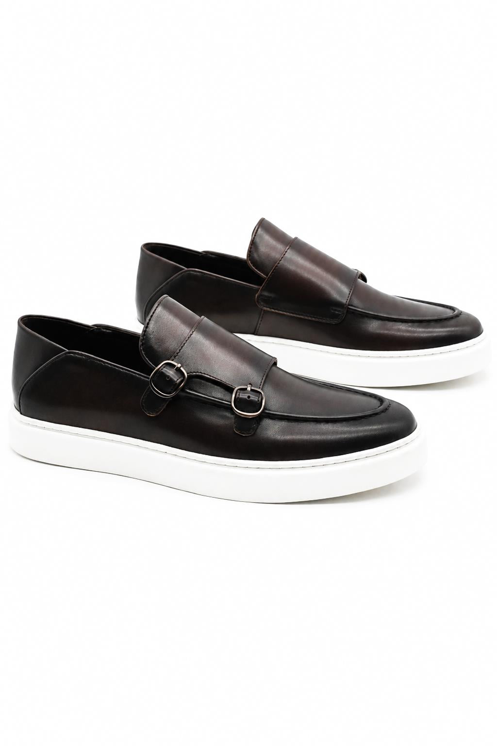 Men's Brown Real Leather Double Monk Strap Trainers White Sole
