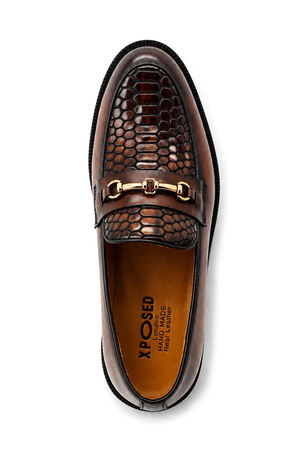 ASCOT Men’s Brown Snake-Effect Leather Snaffle Loafers