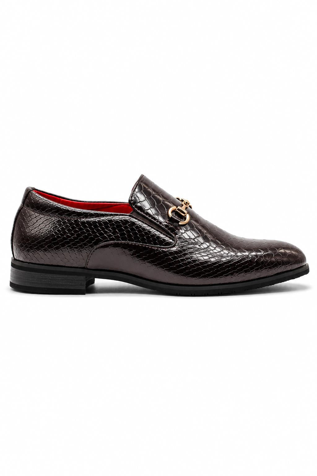 Men's Brown Patent Slip-On Loafers with Gold Snaffle Buckle