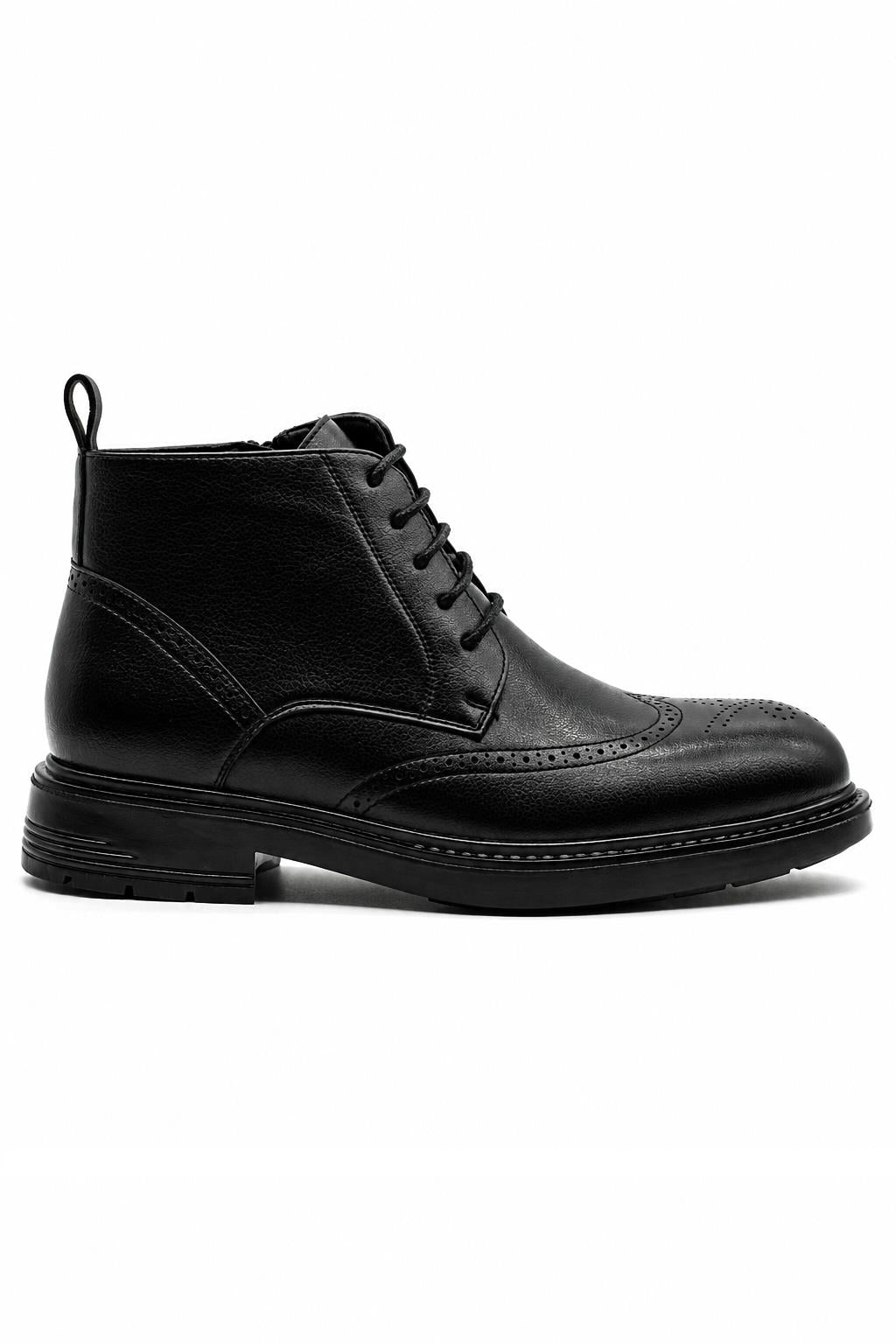 Men's Black Faux Leather Wingtip Brogue Boots