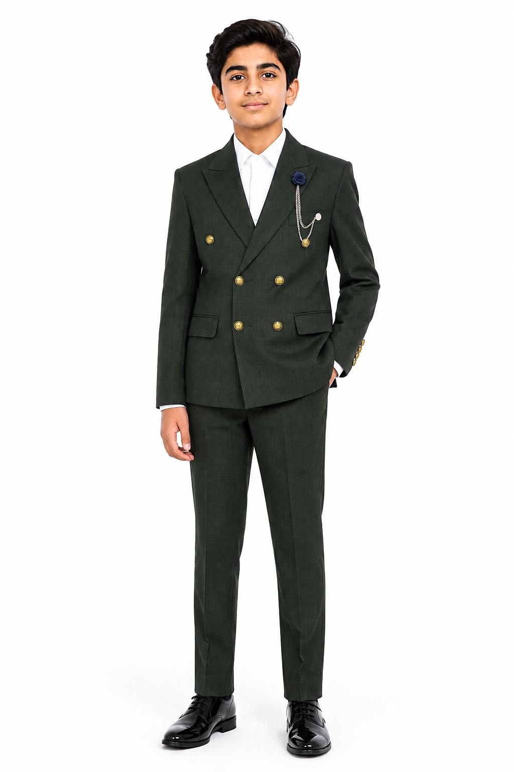 Boys Finley Olive Green Check Double Breasted 2 Piece Suit with Gold Buttons