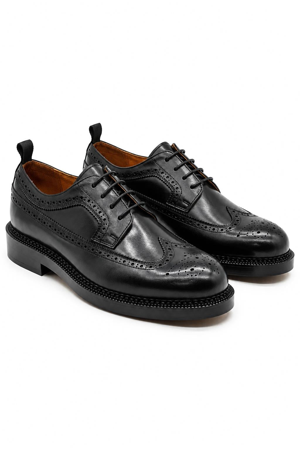 Men's Polished Leather Wingtip Brogues - Black Chunky Derby Shoes