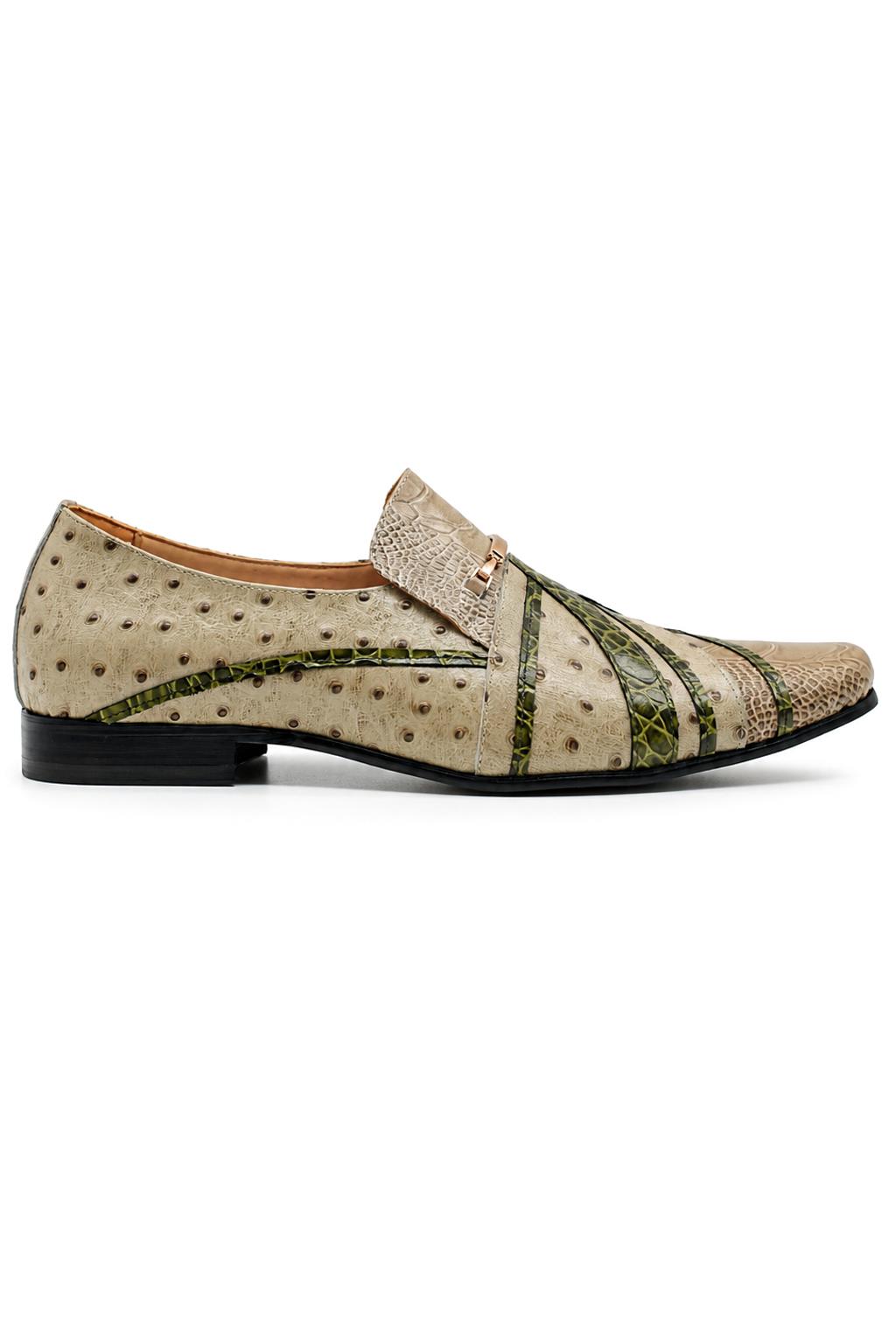 Men’s Cream & Green Snake-Effect Real Leather Loafers