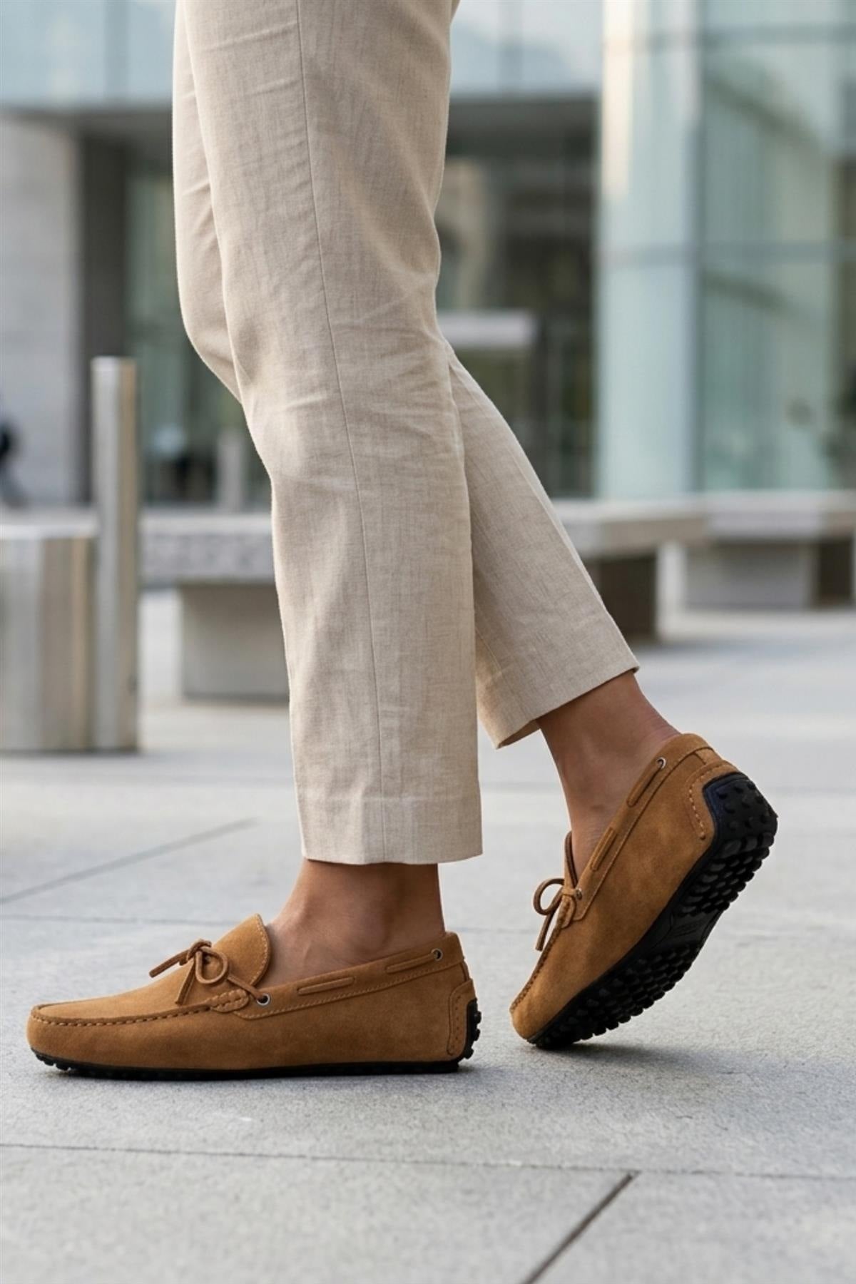 MAT Men's Real Suede Driving Shoes - Tan Slip-On Loafers