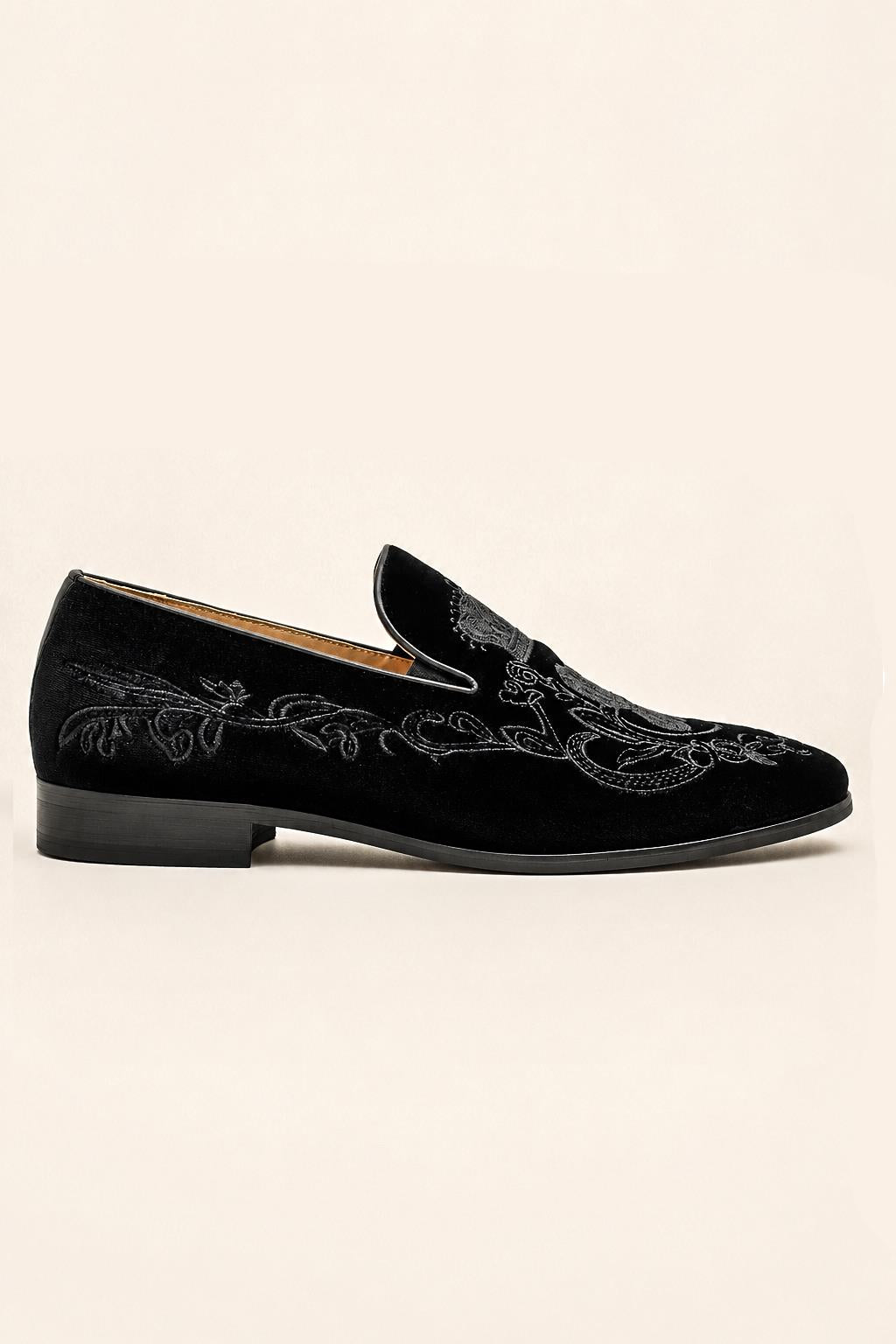 FRED Men’s Black Embroidered Velvet Party Loafers