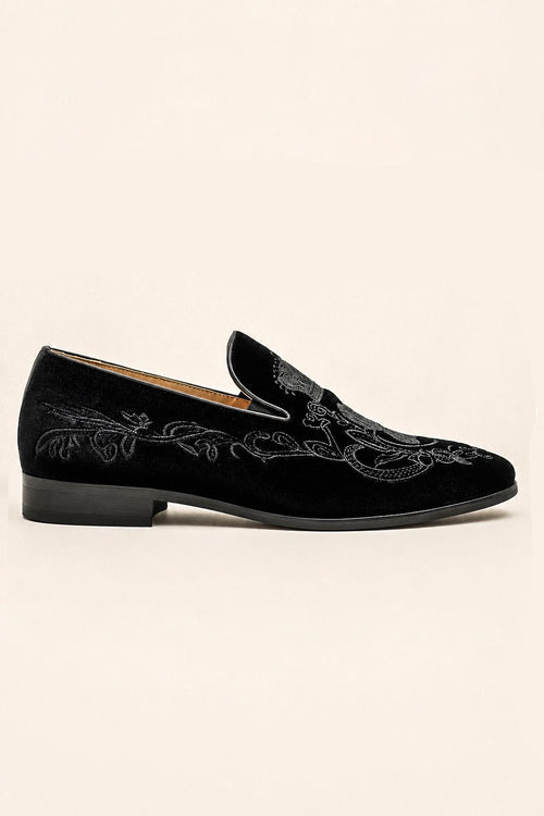 FRED Men’s Black Embroidered Velvet Party Loafers
