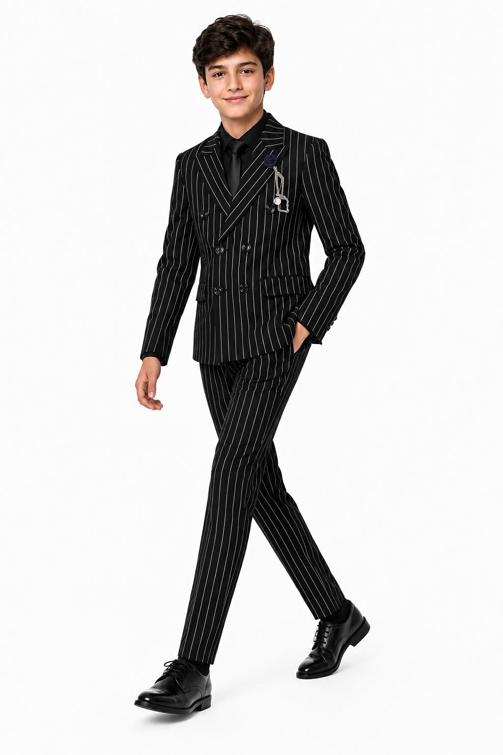 Boys Alfred Black & White Pinstripe Double Breasted 2 Piece Suit with Lapel Pin