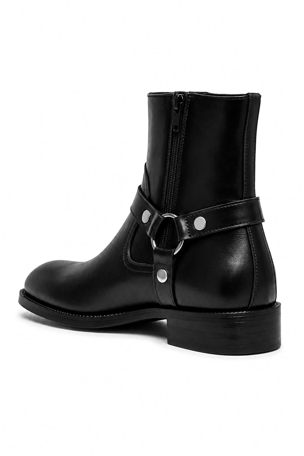 DIEGO Men’s Black Polished Leather Side Zip Ankle Biker Boots