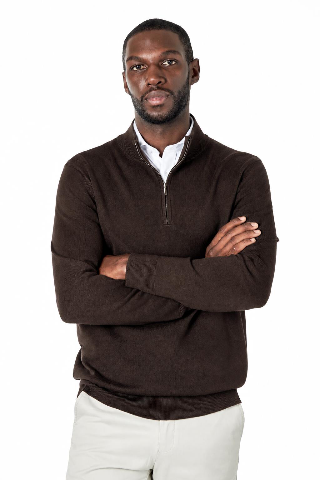 Men's Dark Brown 100% Cotton Fine Knit Quarter Zip Funnel Neck Jumper