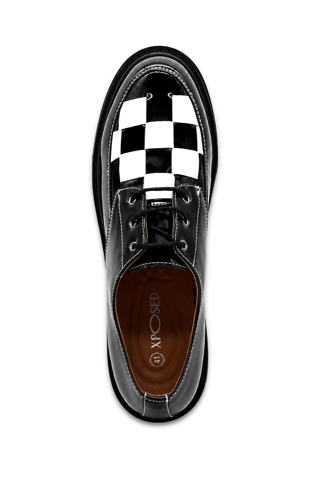 Men's Shiny Patent Black & White Mod-Style Chunky Derby Shoes