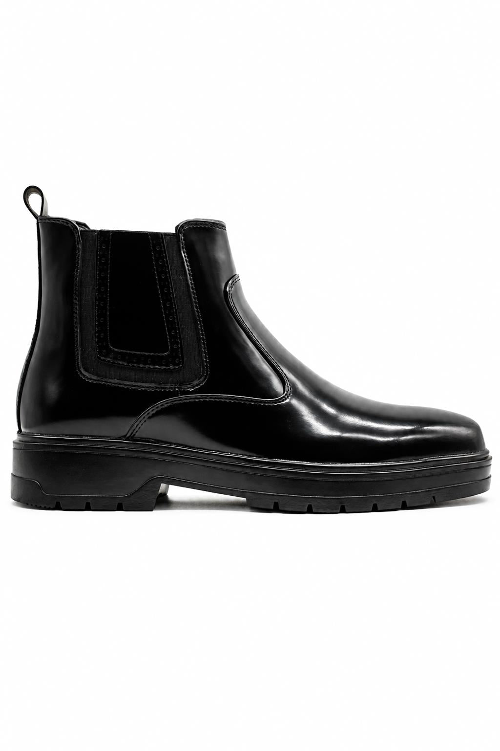 Men's Black Patent Faux Leather Retro Chelsea Boots Lug Sole