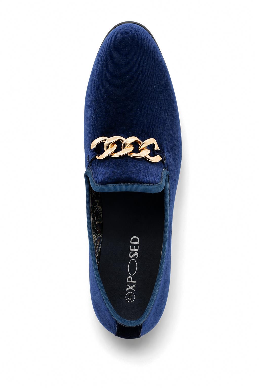 Men's Navy Smooth Velvet Gold Chain Dress Loafers