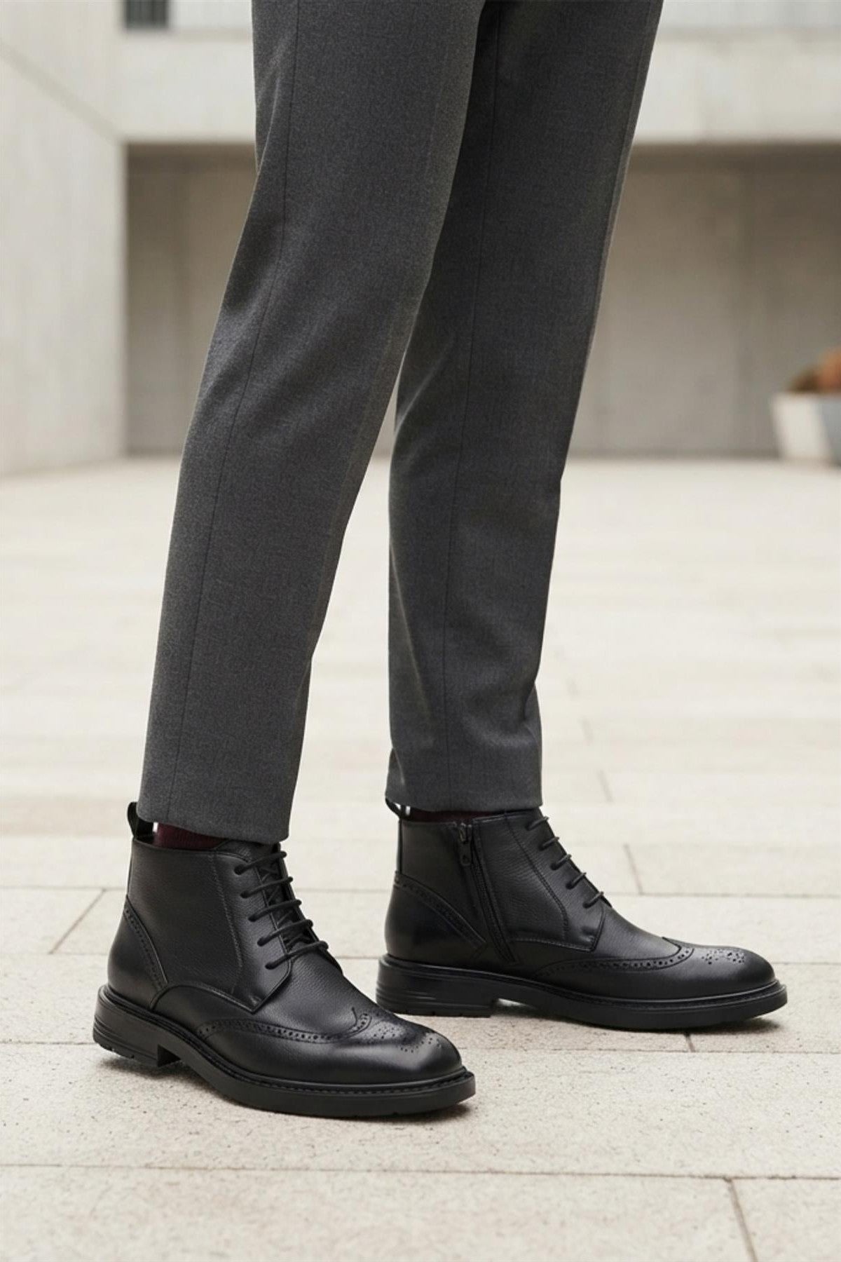 Men's Black Faux Leather Wingtip Brogue Boots