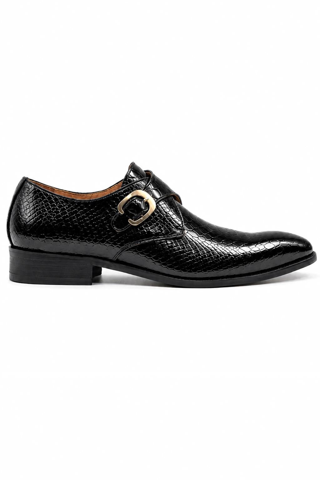 BLACK CROC PRINT PATENT LEATHER MONK SHOES