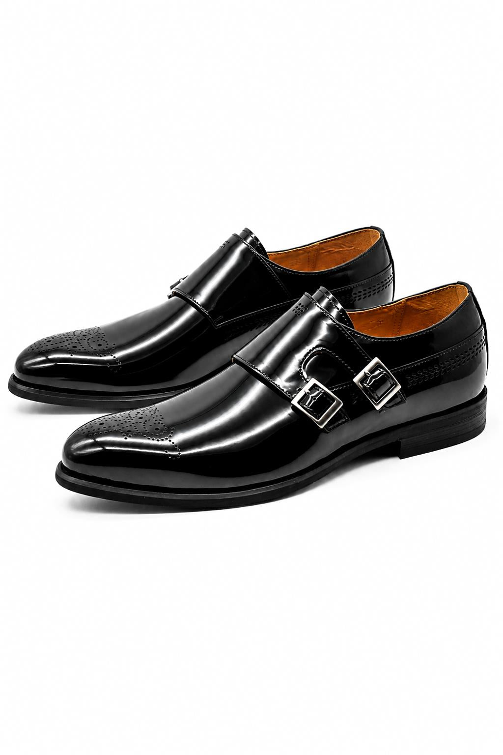 ROAN Men’s Black Hi-Shine Patent Leather Monk Dress Shoes