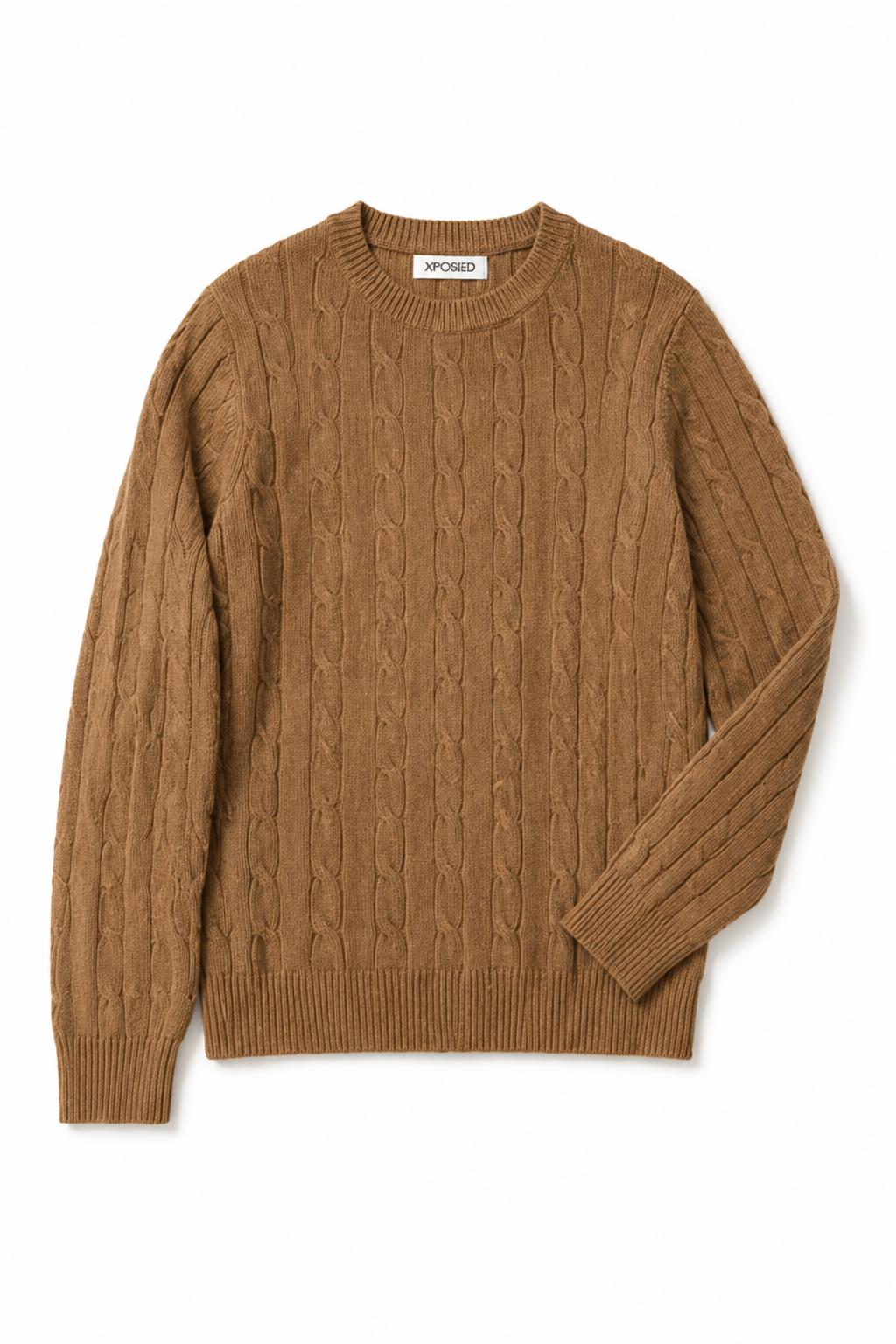 Men's Camel 100% Cotton Fine Cable Knit Crew Neck Jumper