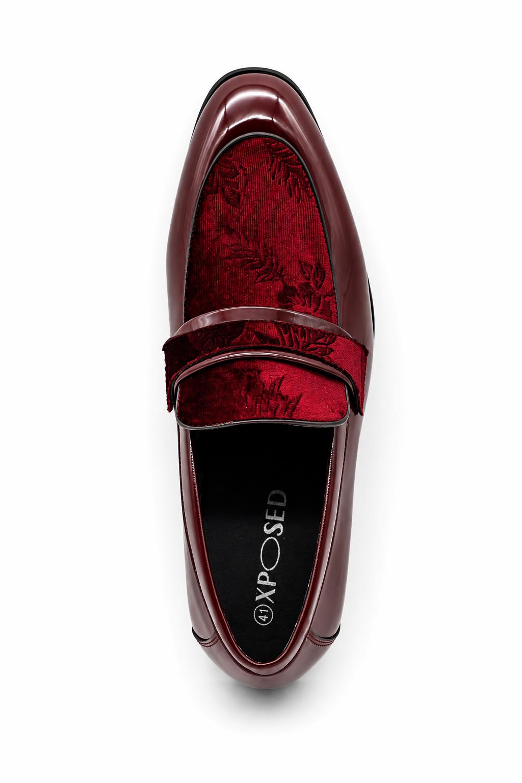Men's Maroon Floral Velvet Patent Dress Loafers