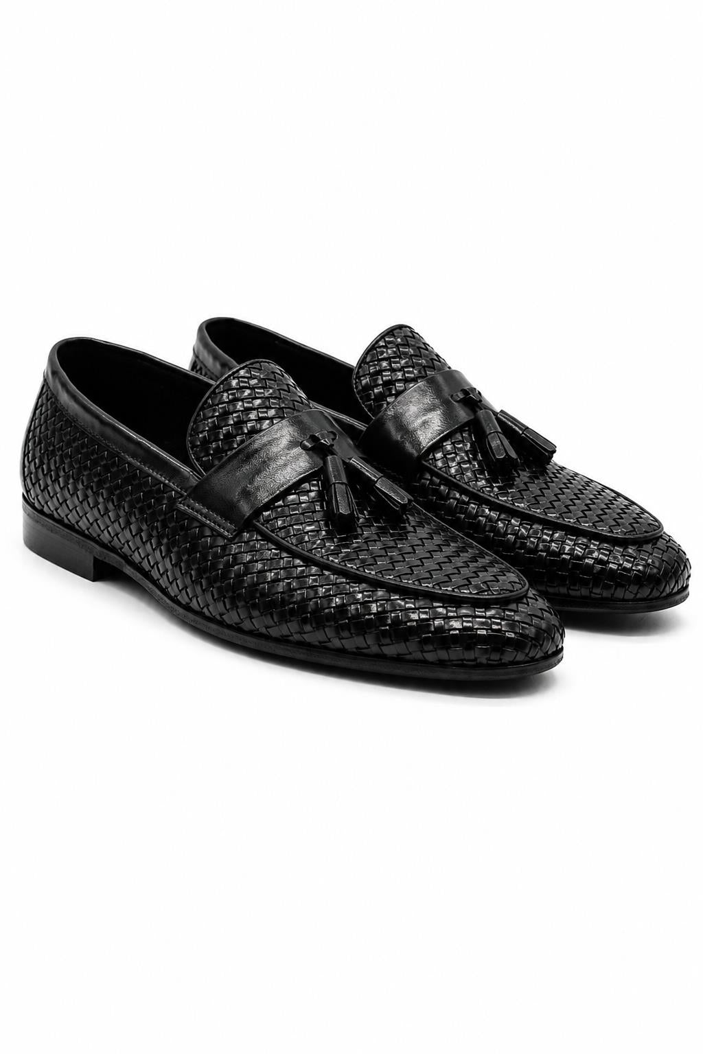 DIVO Men’s Black Handmade Woven Leather Tassel Loafers