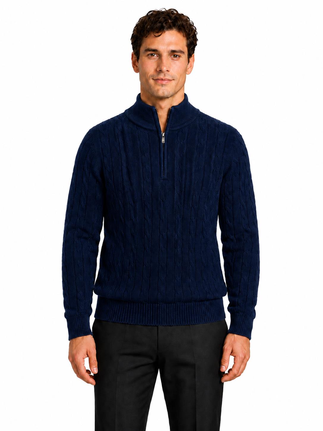 Men's Navy Blue 100% Cotton Fine Cable Knit Quarter Zip Neck Jumper